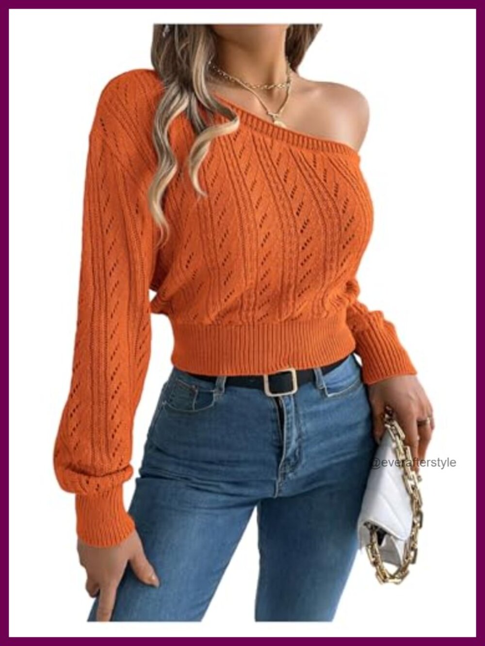 MakeMeChic Off Shoulder Crochet Sweater Fall Pullover Jumper
